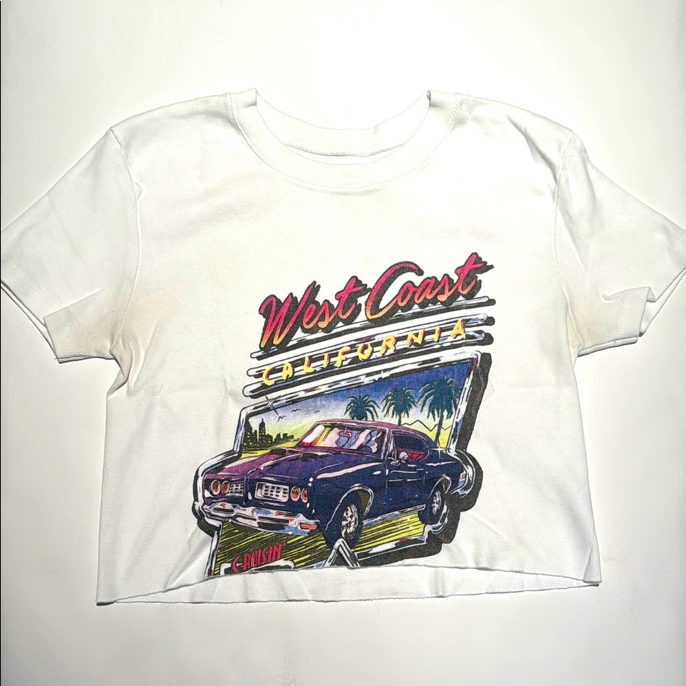 Brandy Melville White Short Sleeve Cropped Tee with Graphic Designs